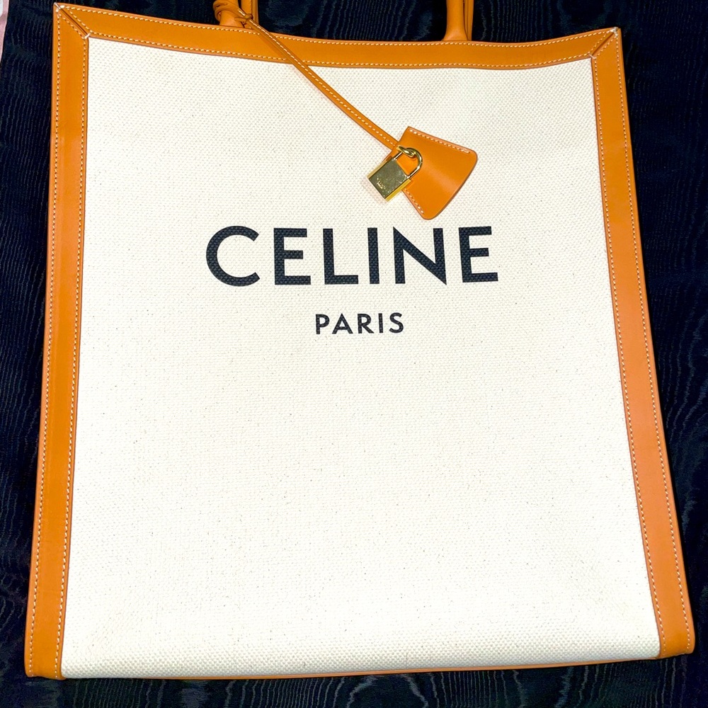 Celine White Canvas Tote with Tan Leather Trim